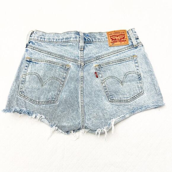 Levi's 501 Button Fly Shorts Light Wash Denim Jeans Ripped Leg Cutoff Size 28 - Picture 2 of 8